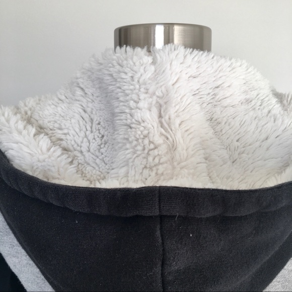 Fluffy Faux Fur Lined Zip Hoodie Jacket Black Grey - Picture 12 of 12